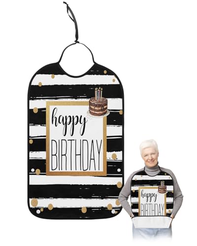 LEOKOTI Happy Birthday Adult Bibs for Eating, Waterproof Bibs with Food Catcher & Adjustable Snap Closure, Black and White Striped Chocolate Cake Washable Clothing Protectors Adult Bibs for Elderly
