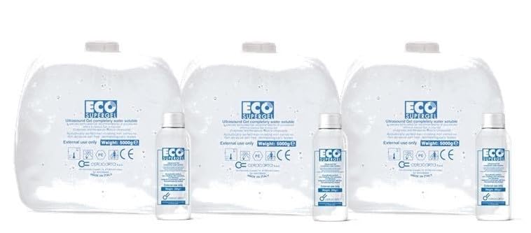 Gel conduttore 3PEZZI - 15 LITRI per ultrasuoni, ecografia, ECG, Laser diodo, Luce Pulsata, Epilazione definitiva, trasparente 5 litri con bottiglia 250 ml