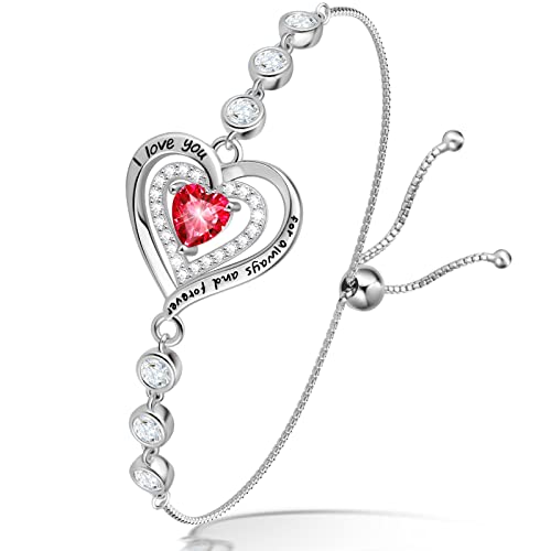 Jowaia Bracelets For Women 925 Sterling Silver July Birthstone Bracelet For Girls Forever Love Heart Created Ruby Jewelry Adjustable Link Tennis Bracelet Birthday Gift Valentine's Day Mother's Day Gifts For Mom Her Women Girlfriend #TOP20