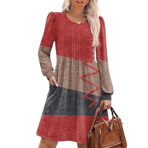 AMXYFBK Winter Dresses for Women 2025 Crewneck Long Sleeve Tunic Dress Fashion Knit Pleated High Waist Dress with Pocket