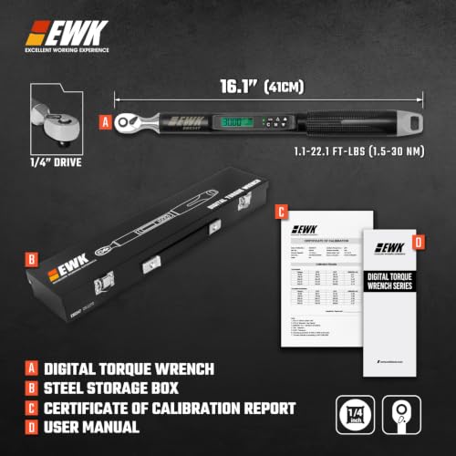 Image of EWK 1 /4 inch Drive Digital Angle Torque Wrench 1.1-22.1 ft-lbs (1.5-30 Nm) | ±1.5% clockwise / ±2.5% counterclockwise and angle accuracy of ±2%, LCD Display, LED Buzzer Vibration Alert, 30 Memory Values