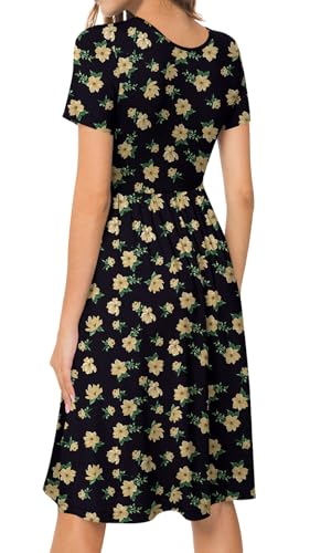 Image of DB MOON Women Summer Casual Short Sleeve Dresses Empire Waist Dress with Pockets
