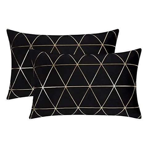 UINI Black and Gold Pillow Covers 12x20 Inch, Set of 2 Gold Pillow Covers, Modern Luxury Velvet Pillowcases Cushion Covers for Couch, Living Room Cover