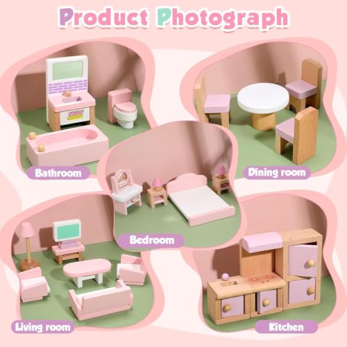 Image of 22 Pcs Dollhouse Furniture Wooden Dollhouse Furniture Set Miniature Playhouse Doll House Accessories with Living Room Bedroom Bathroom Kitchen for Girls Boys