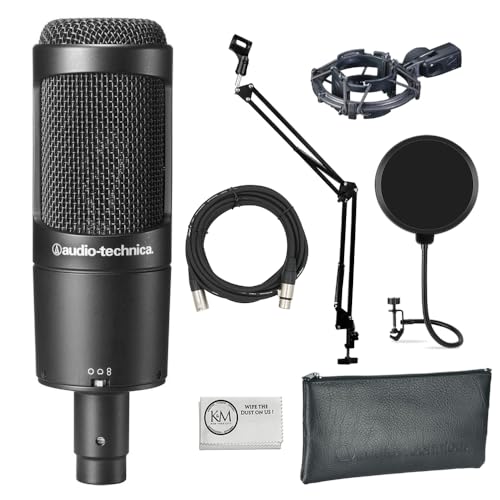 Audio-Technica AT2050 Multi-Pattern Condenser Microphone Bundled with Microphone Arm + Wind Screen Pop Filter + 20-Feet XLR Cable + Cleaning Cloth (5 Items)