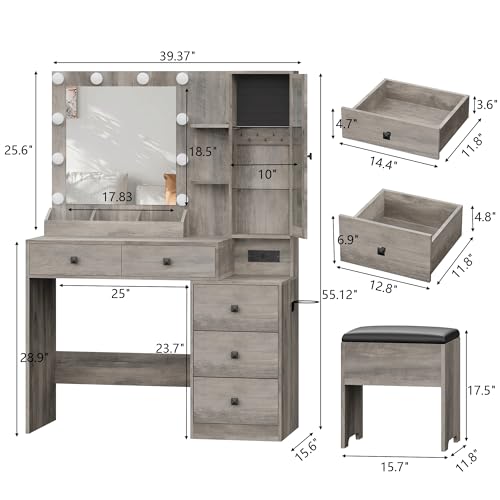 Image of Vanity Desk with Mirror and Lights, Grey Makeup Vanity with 5 Drawers Hidden Jewelry Organizer& LED Glass Cabinet,3 Light Mode and Brightness Adjusted,Vanities Mirror with Lights Desk and Chair