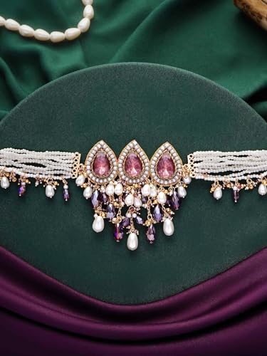 Image of SANJOYA by EVERSTYLISH Embroidered Choker Necklace for Women | Stone, Beads & Pearl Statement Neckpiece | Ethnic Jewelry for Weddings, Festivals & Special Occasions