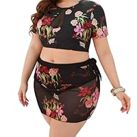 3 Piece Plus Size Floral Print Swimsuit - 8XL Black