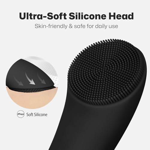 PRITECH Silicone Face Scrubber, Rechargeable Facial Cleansing Brush with Heat Massage End, Vibrating Exfoliator Scrubber for Deep Cleaning, Waterproof Face Brush for Women and Men (Black) - Thumbnail 4