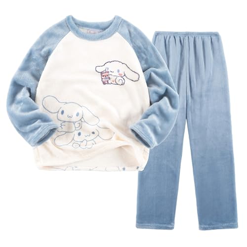 Cartoon Fleece Pajamas Set Petite Women Girls Lounge Set Comfy Sleepwear Long Sleeve Top and Pants 2 Piece PJ Sets, Blue, 2XS