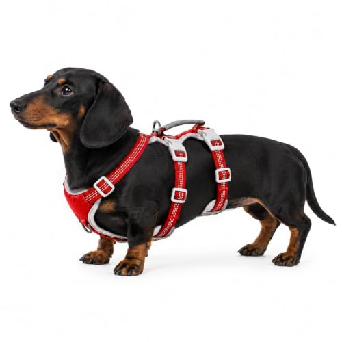 Image of Huntboo Escape Proof Dog Harness, Escape Artist Harness, Reflective Harness with Padded Handle, Breathable, Durable, Adjustable Vest for Medium Dogs Walking, Training, and Running Gear (Red, S)