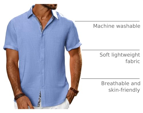 PJ PAUL JONES Men's Button Down Short Sleeve Shirt Casual Summer Beach Textured Wedding Shirts Clear Blue — view 4