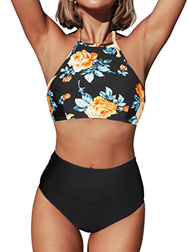 SEASELFIE Women's High Neck Scalloped Swimsuits 2 Piece Halter Floral Bikini Bathing Suits with High Waisted Bottom
