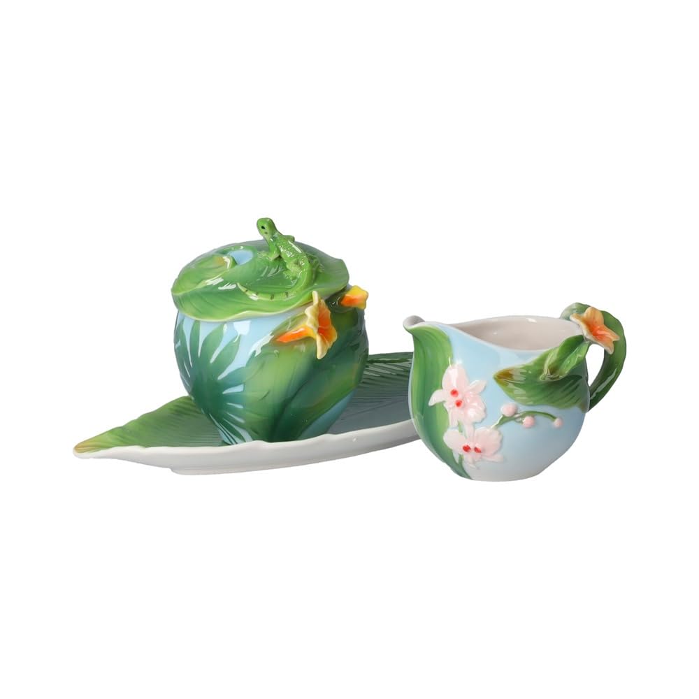 Keyhome - Juego de bandeja y azucarero de cerámica con campana amarilla con caja y bandeja - Lechera de 8 x 13 cm - Azucarero de 12 x 11 cm