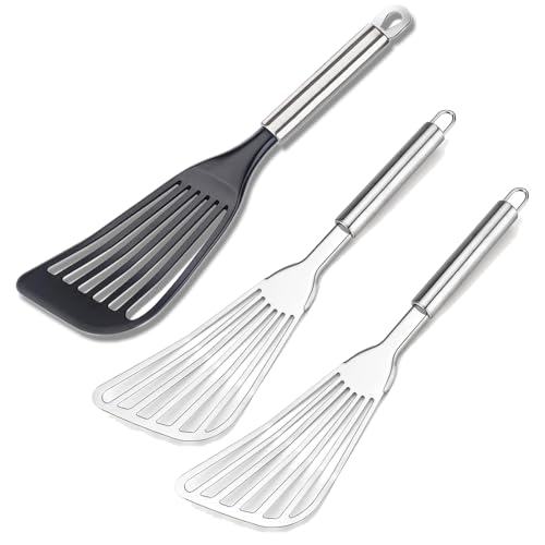 Tenta Kitchen Utensil Set Stainless Steel Metal Slotted Spatulas(2pcs),Nylon Fish Egg Spatulas Nonstick Spatulas Turner(1pc), Wide Flate Slotted Spatulas Nylon for Egg Fish Flying(Set of 3)