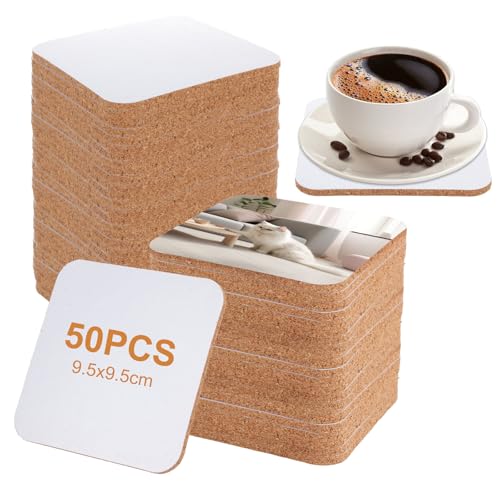 Oungy 50 Pcs Sublimation Coasters Blank 9.5x9.5cm Square Sublimation Blanks Cork Blank Coasters Heat Transfer Press Cup Coaster for DIY Crafts