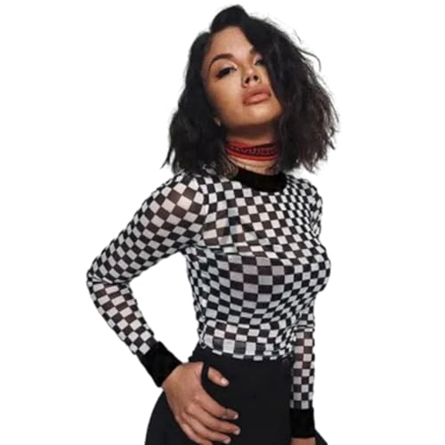 Sexy Kariertes Schachbrett-T-Shirt Für Damen, Aushöhlen, Schlankes...