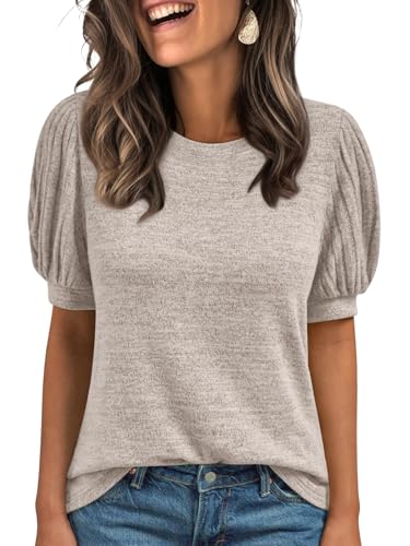 AUTOMET Womens Tops Summer Sweater Spring Tunic Dressy Casual Blouses Business Cute Trendy Short Sleeve Shirt 2026 Khaki L