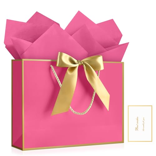 Image of JMANNI Mothers Day Gift Bags with Handles, 13 inch Medium Gift Bag for Presents, 1 Pcs Bags with 2 Tissue Paper and 1 Cards for Baby Shower Wedding Bridal Shower Mother's Day Birthday Party (Magenta-Gold