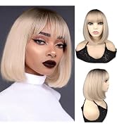 ORAVISTA Ombre Brown Platinum Blonde Synthetic Wigs Bob with Bangs Tricolor Grey Short Glueless f...