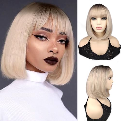 Foufait Ombre Platinum Blonde Wig Short Bob Wig with Bangs Ombre Ash Blonde Bob Wigs for Women Synthetic Blond Cosplay Wig Daily Party (Ombre Blonde)