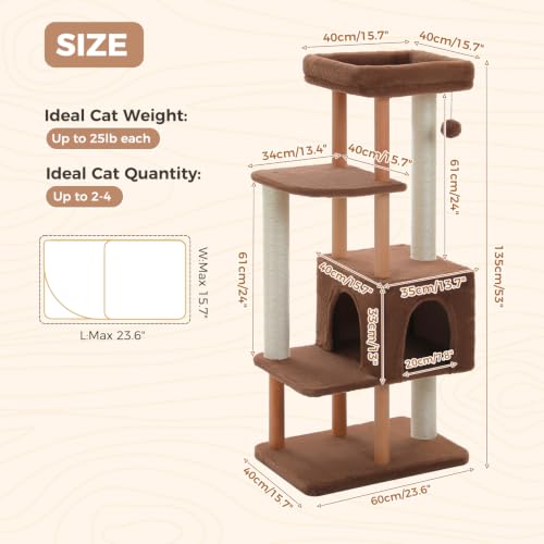 Image of 53 inch Modern Wooden Cat Tree for Large Cats with Solid Wood Posts