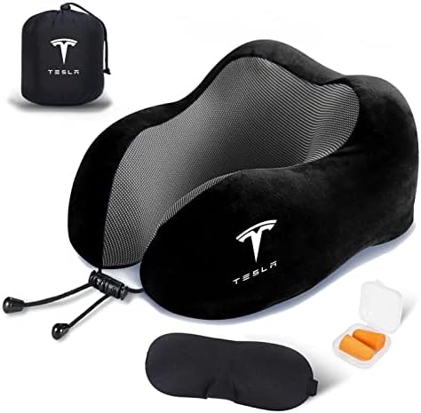 KIKIMO Travel Pillow for Tesla Model 3/Y/S/X Accessories, Tesla Memory Foam Neck Pillow for Airplane/Car/Office&Home Rest Use, Head Support Comfortable Portable Travel Pillows Kit