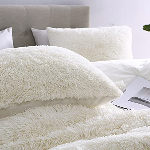 Lynnlov Solid Fluffy Plush Shaggy Duvet Cover Set Queen Size, Soft Fuzzy Faux Fur Comforter Cover, Luxury Furry Bedding Set 3 Pieces(1 Duvet Cover + 2 Pillowcases),Zipper Closure,90 X 90 Inches, Beige #TOP2