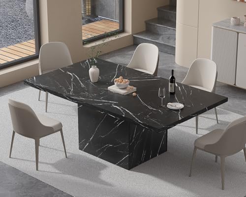 Image of HSH 63 inch Black Faux Marble Dining Table for 6, Rectanguler Dining Room Table | Modern Kitchen Table with a Heavy-Duty Pedestal Base, Seats 6, Ideal For Meals, Work and Gatherings, Table Only