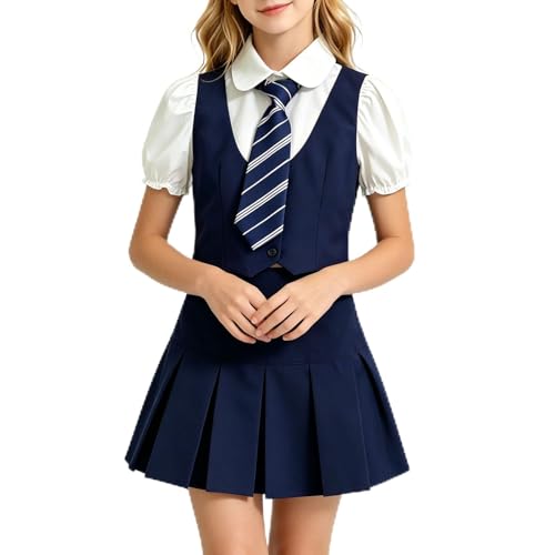 Zzalalana - Girls School Uniform Outfits - Puff Short Sleeve Button Down Shirt, Vest, and Pleated Skirt Set with Tie - Blue - Best Deal on Amazon