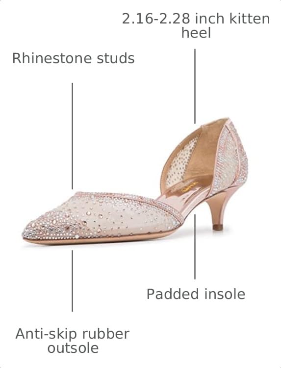 Image of XYD Women's Pumps, Elegant Pointed Toe, D'Orsay Kitten Low Heels, Rhinestone Studs, Slip-On Satin Shoes for Wedding
