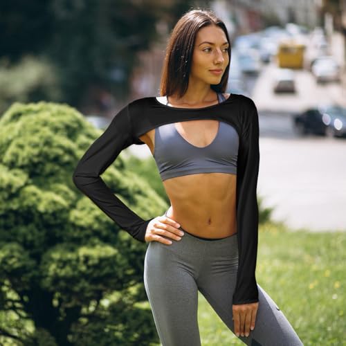2 Pcs Women's Bolero Workout Top, Cutout Long Sleeve Crop Top Open Front Workout Shrug Ballet Yoga Sports Shrug Casual Cropped Tops(Black, White)2