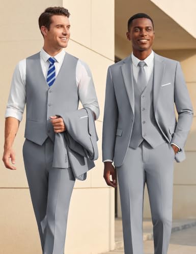 Image of WULFUL Men's Slim Fit Suit One Button 3-Piece Blazer Dress Business Wedding Party Jacket Vest & Pant