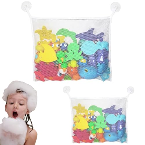 Bath Toy Storage 2 Pcs Bath Toy Net Bath Toy Organizer Bathroom Storage Net With four Suction Cups For Baby Keep Kids Bathtub Toys Dry & Bacteria Free (White)