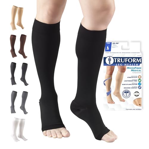 Truform 20-30 mmHg Compression Stocking for Men and Women, Knee High Length, Open Toe, Black,...