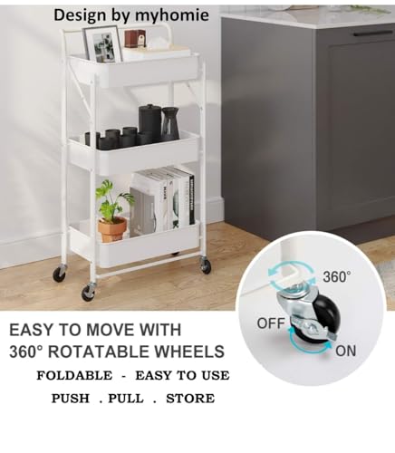 3-Tier Foldable Beauty Trolley Cart on Wheels - Heavy Duty Metal Storage Organizer for Salon, Kitchen, Bathroom, Hairdressing, Lash Extensions, Crafts & Home - Wheels, Rust-Proof-Black