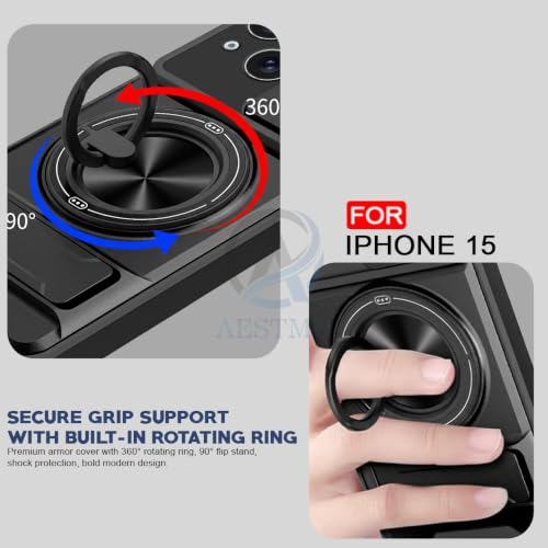 Image of AESTMO iPhone 15 Back Cover | Armor Camera Slider 360 Degree Rotating Finger Ring Holder Case with Bracket Stand Back Case Cover (Compatible with MagSafe Accessories) (Black)