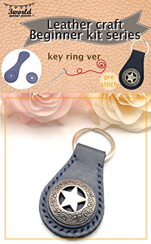 3world レザークラフト おためし入門キット キーホルダー 牛本革 カット 穴あけ 済み 針 糸 付属 SW1778ネイビー(スター)