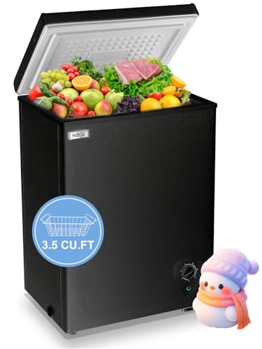 Chest Freezer Small Deep Freezer Black Freezers 3.5 Cu.Ft Compact Free-Standing Top Door Adjustable 7 Thermostat and Removable Basket Open Deep Freezer Energy Saving Apartment Kitchen