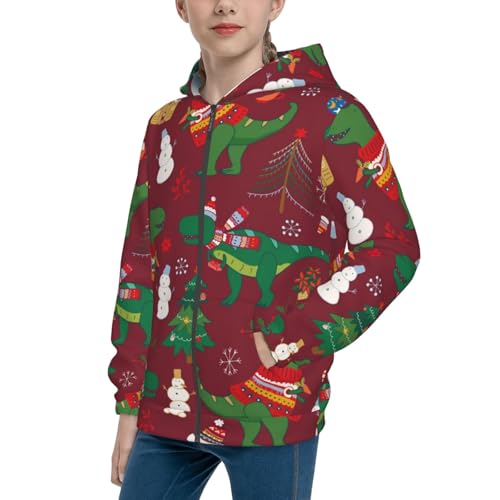 Dinosaur Christmas Happy New Year Kids Pullover Hoodies Boys Zip Up Sweatshirts Girls Athletic Clothes with Pocket