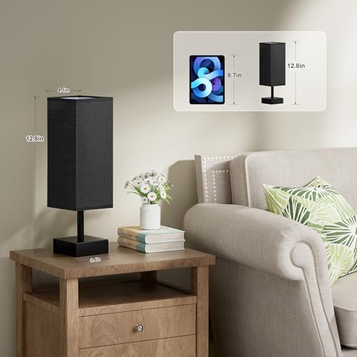 Image of aooshine Small Bedside Table Lamp for Bedroom - Square Black Fabric Shade | Inline Rocker Switch, Corded Electric, Bulb Not Included, 12.8 inch Mini Table Lamp for Nightstand, Desk, Dorm, Office
