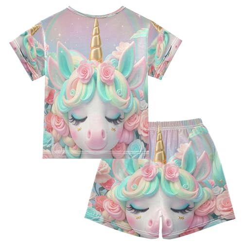 ALAZA Unicorn Rose Flower 3d Pajamas Set Short Sleeve Cotton Sleepwear Summer Pjs 2 Piece 5-14Y2