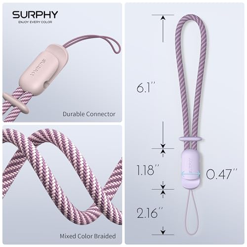 Image of SURPHY 2 Pack Phone Lanyard, Phone Wrist Strap for Case, Camera Wrist Strap | Ultra-Light 2-Color Braided Phone Strap, Cellphone Charm Strap, Anti-Lost Wrist Lanyard for Women and Men, Pink Lilac