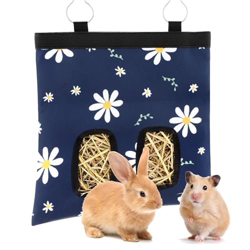 Ondware Rabbits Hay Feeder Bag for Bunny - Hanging Washable Dual-Port Hay Dispenser for Rabbits Guinea Pigs; 600D Oxford Fabric Collapsible Blue Daisy Pattern