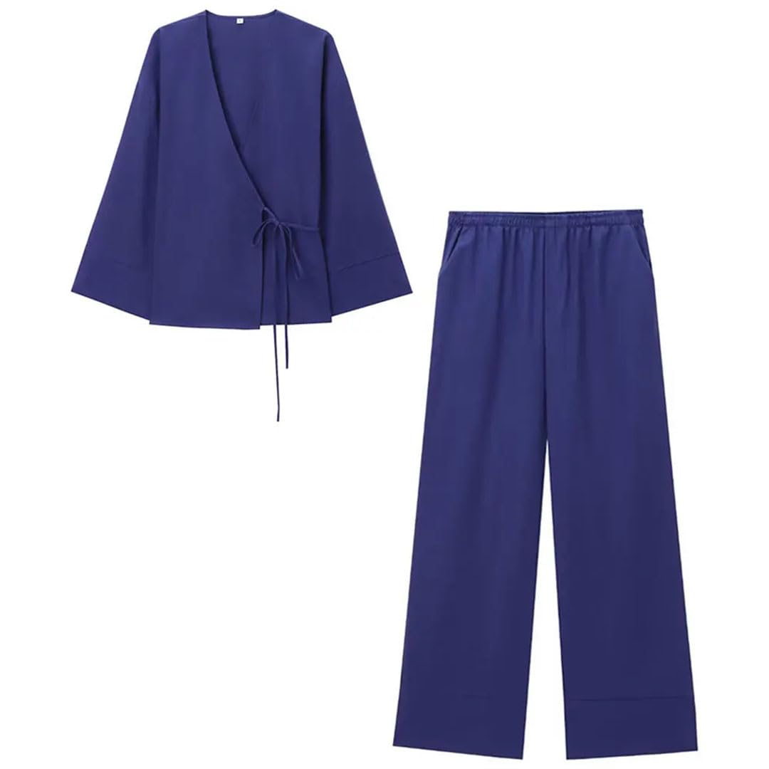 Kimono da donna con scollo a V, con lacci sul davanti, a maniche lunghe, con elastico in vita, tasche posteriori applicate, pantaloni