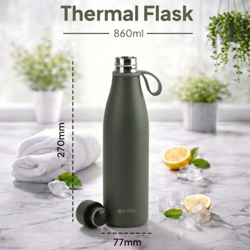 Image of CELLO Duro Oxy Stainless Steel Flask 900 ml Military Green | Easy to Pour & Fill, Spill Proof Leakproof Vacuum Insulated Hot and Cold Thermos Water Bottle for School College Office Gym Biking & Travel
