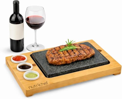NutriChef Steak Stone Grill Hot Stone Steak Set with Bamboo Platter Stainless Steel Tray and Ceramic Sauce Bowls Good for Indoor Outdoor Dining Cooking Parties and Gifts