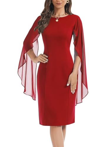 Image of HELYO Women's Chiffon Cloak Sleeve Mini Cape Dress V-Back Semi-Formal Elegant Bodycon Wedding Guest Evening Cocktail Dresses