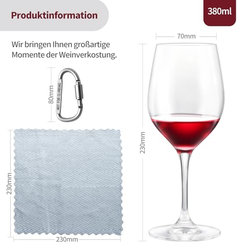 ecooe Weingläser Set mit 2 Gläser to go mit Schutzhülle + Reinigungstuch - Weingläser to go für Strandausflüge, Picknicks im Freien, Geschenk für Weinliebhaber, 380ml