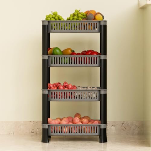 Image of Multipurpose Plastic Storage Rack for Kitchen | Foldable Vegetable & Fruit Organizer Stand for Onion, Potato, Sabji | Countertop Multi-Layer Basket Rack for Home, (Silver, 4 layer)